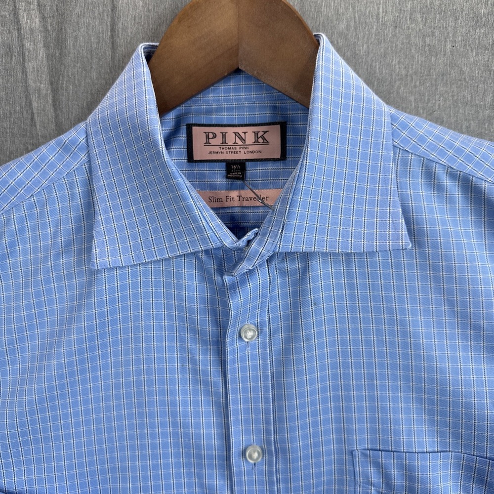 Thomas Pink Blue Windowpane Dress Shirt Traveller Slim Fit 16.5/42cm Button Up